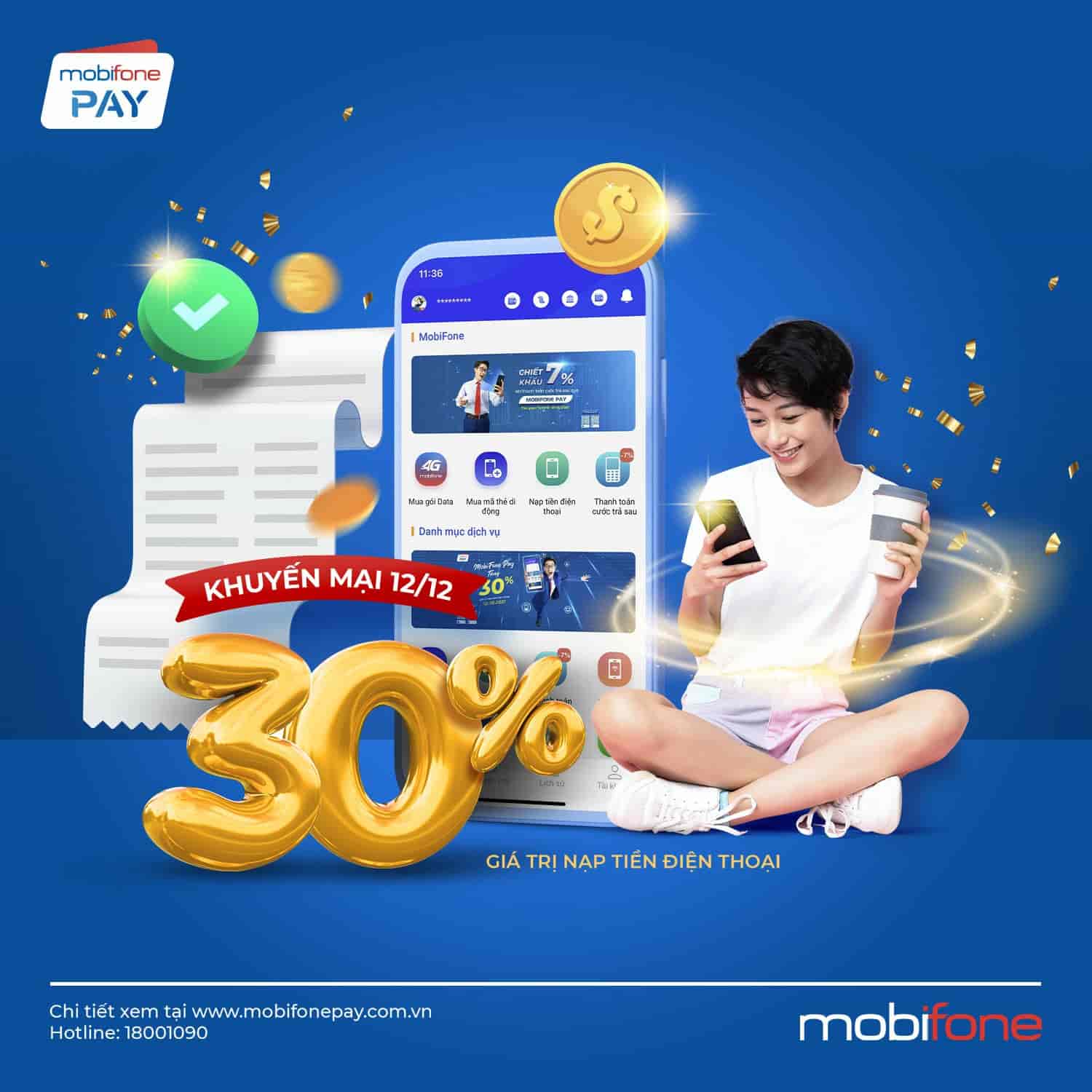 Khuyến mại khủng tháng 12/2021 trên ví điện tử MobiFone Pay: Tặng 30% giá trị nạp tiền điện thoại, cộng 10GB data khi đăng ký mới.