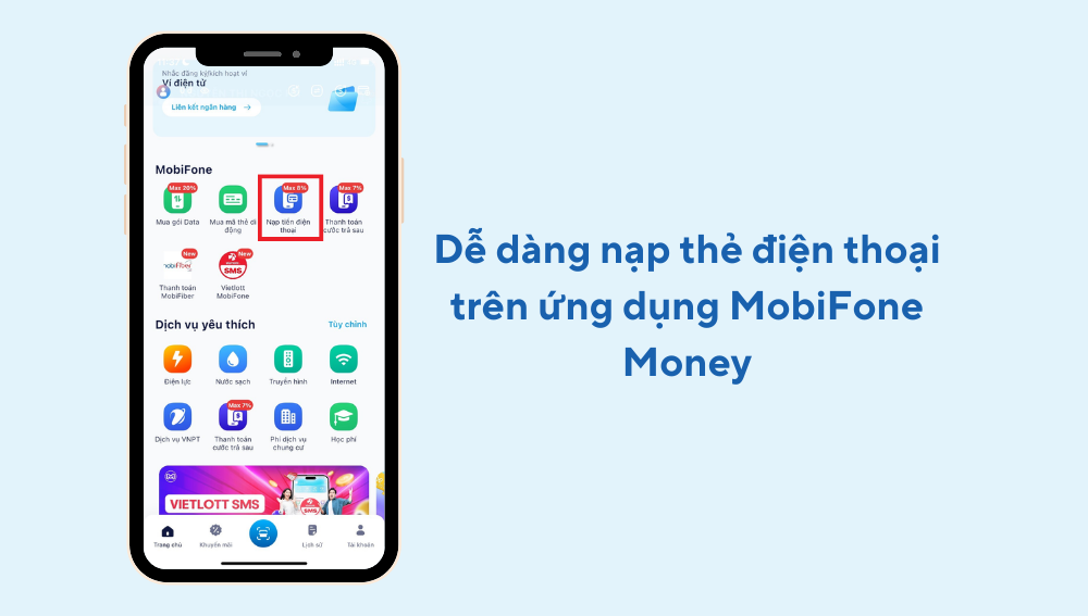 Cách nạp thẻ điện thoại bằng ví điện tử trên ứng dụng MobiFone Money