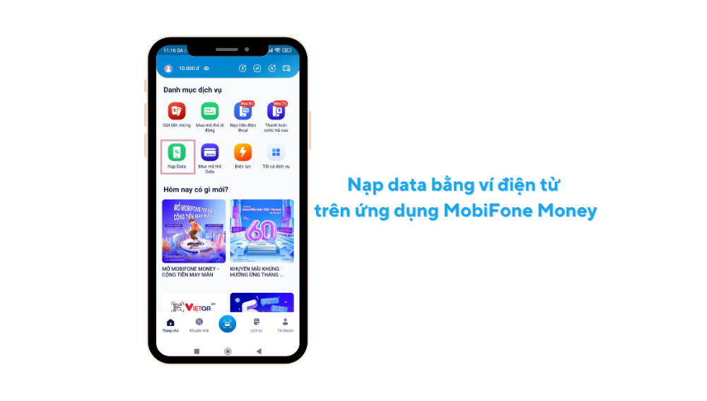 Hướng dẫn nạp data bằng ví điện tử trên ứng dụng MobiFone Money