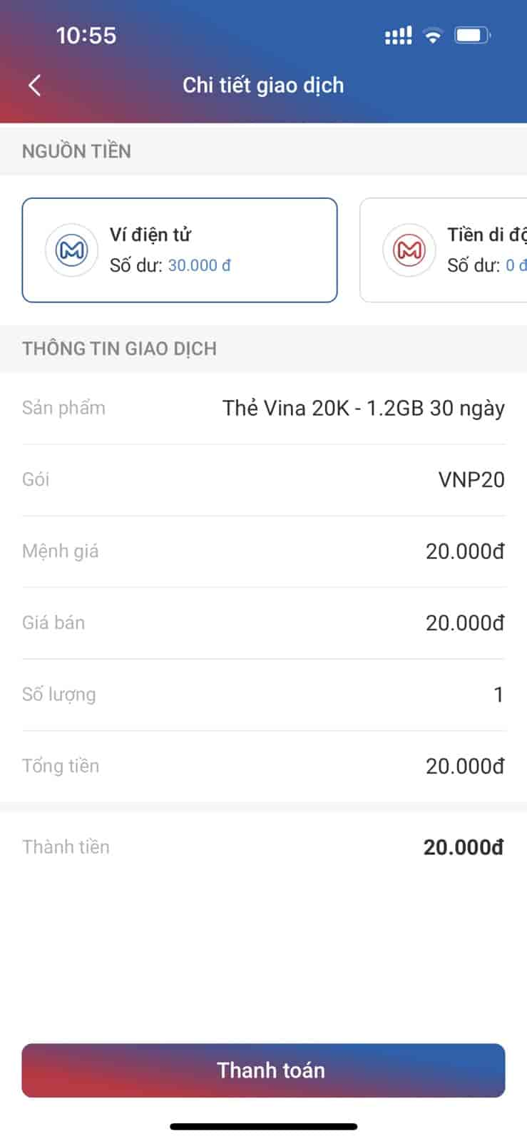 Kiểm tra giao dịch và chọn nguồn tiền