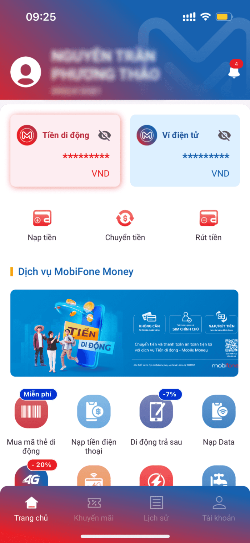 nạp tiền vào tài khoản tiền di động MobiFone Money