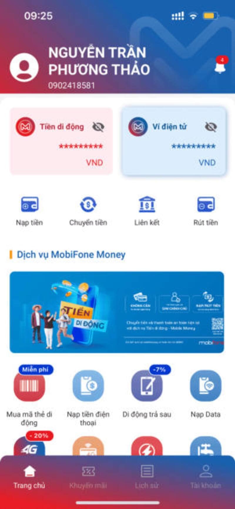 liên kết thẻ ngân hàng với MobiFone Money