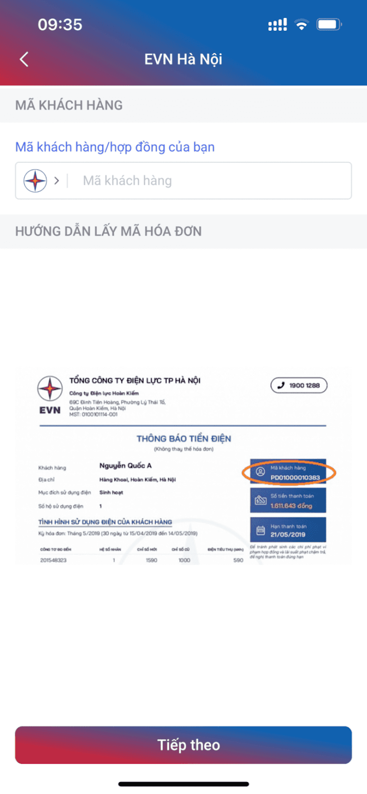 tra tiền điện qua mã khách hàng