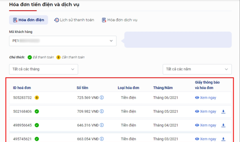 tra cứu h&oacute;a đơn tiền điện đ&atilde; thanh to&aacute;n