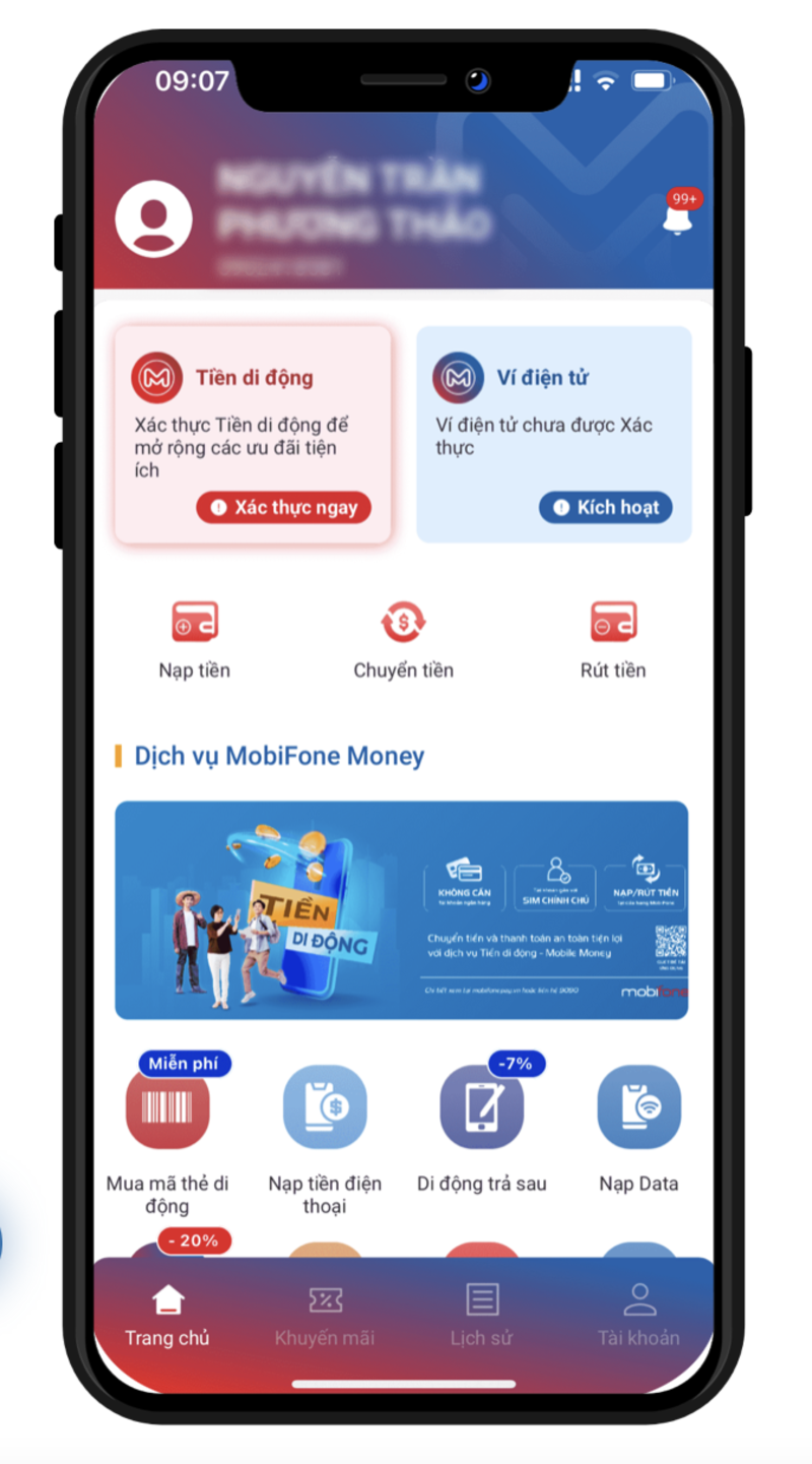 Xác thực tài khoản tiền di động MobiFone Money